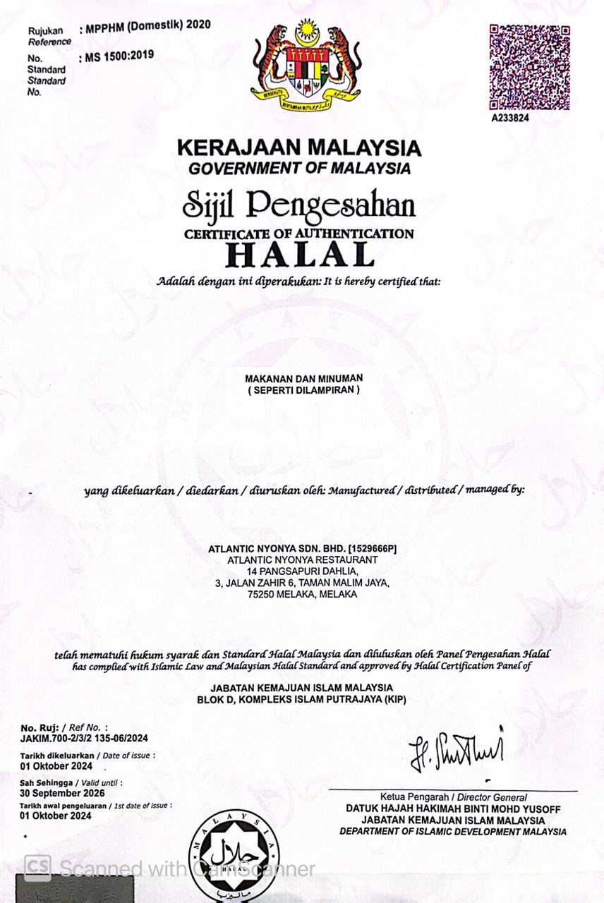 Atlantic Nyonya @ Malim Jaya Halal Certificate by JAKIM, Cert No. A233824