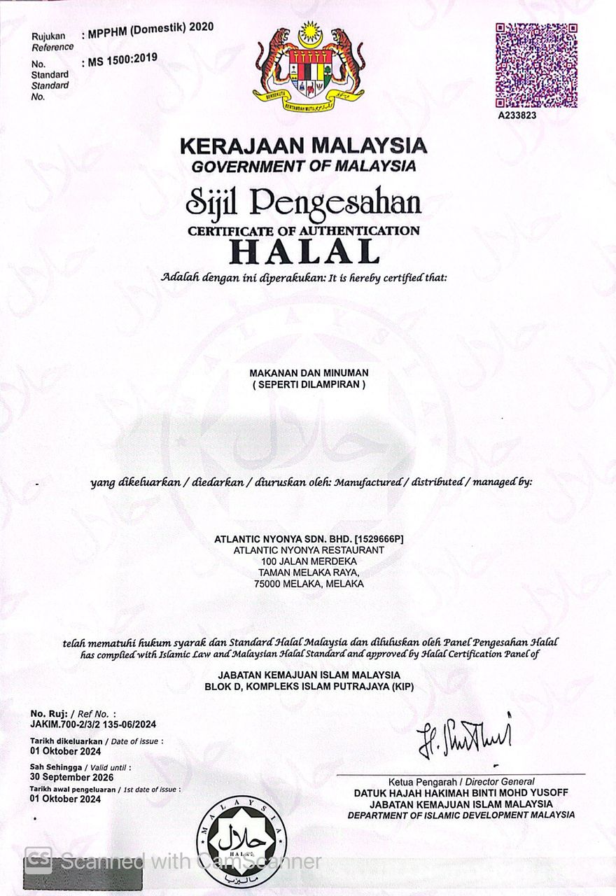 Atlantic Nyonya @ Melaka Raya Halal Certificate by JAKIM, Cert No. A233823