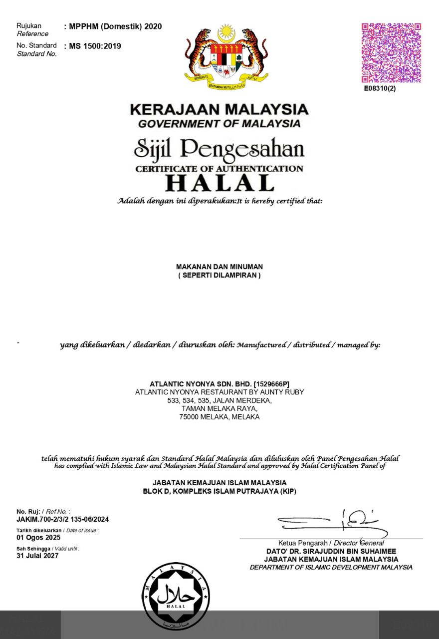 Atlantic Nyonya Cuisine by Aunty Ruby Halal Certificate by JAKIM