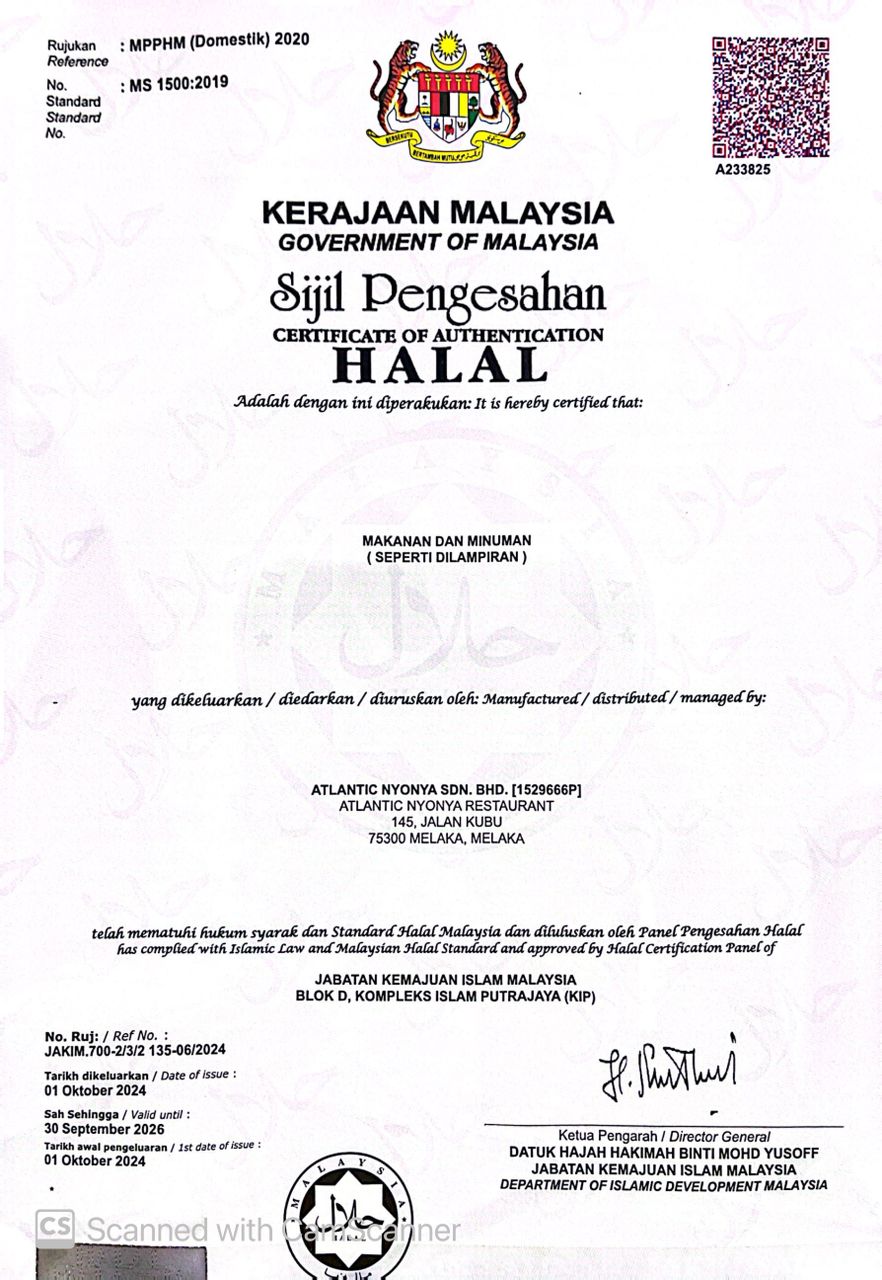 Atlantic Nyonya HQ Halal Certificate by JAKIM, Cert No. A233825